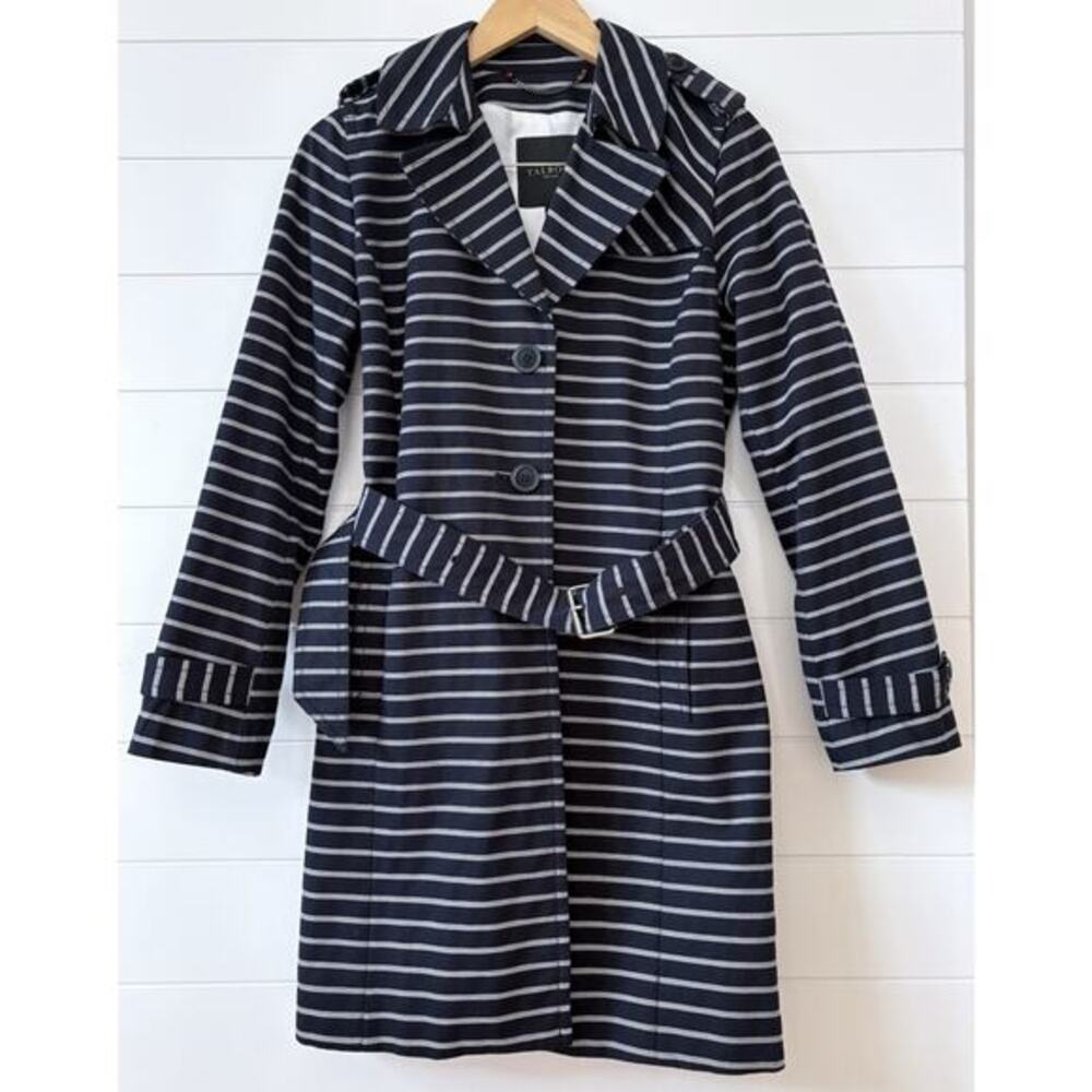 Talbots Petite‎ S Striped Belted Trench Coat Cotton Nautical Navy Blue White